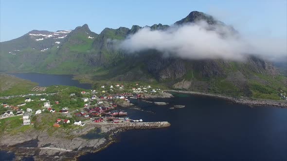 Fishing village on Lofoten, aerial view.