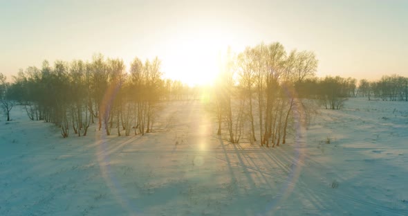 Aerial Drone View of Cold Winter Landscape with Arctic Field, Trees Covered with Frost Snow and