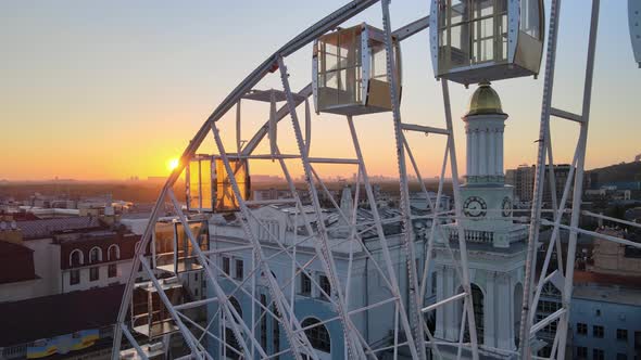 Ferris Wheel in the Morning at Sunrise in Kyiv, Ukraine. Aerial View