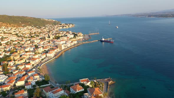 Aerial View of Spetses Old Town and Marina or Seaport Greece  Drone Videography