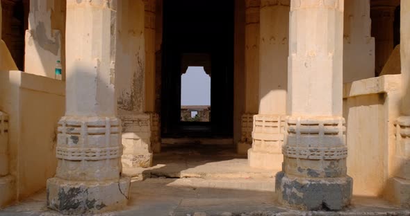 Stone Pillars of Devi Temple Inside Historic Indian Kumbhalgarh Fort. Fortress Belongs To Hill Forts