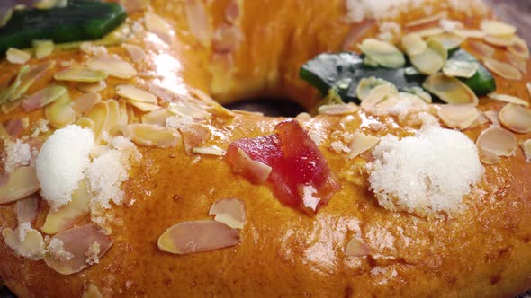 Traditional kings day bread. Epiphany cake. Spanish rosca. Baked Roscon de Reyes