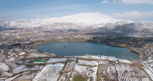 Aerial view of a dry vineyard in the snow, Golan Heights, Israel.