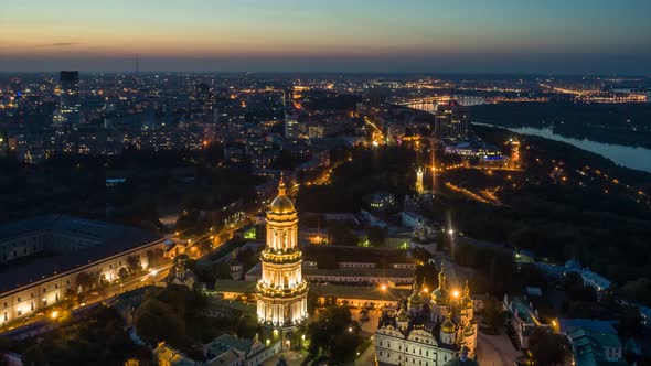 Kiev-Pechersk Lavra with Illumination. Aerial Night Time Lapse. Kiev, Ukraine