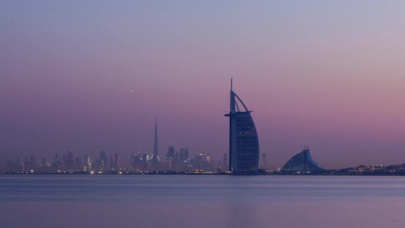 Stunning View of Dubai Skyline From Jumeirah Beach To Downtown at Sunrise.