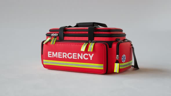 The red emergency first aid bag in studio light. Close up on a paramedic kit4KHD