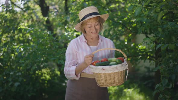 Portrait of Positive Senior Female Gardener Posing with Vegetable Basket Outdoors on Sunny Summer