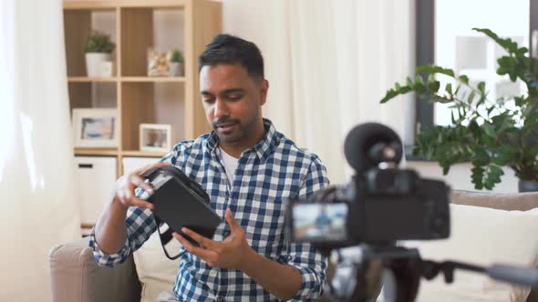 Male Blogger with Vr Glasses Videoblogging at Home 