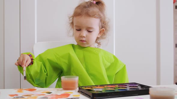 Cute Toddler Girl Painting with Gouache and Watercolor Paints at Home