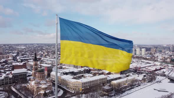 Ukrainian flag in the wind. Blue Yellow flag in the city of Kharkov