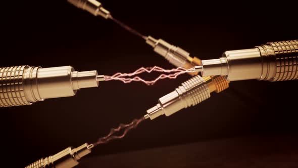 Abstract animation showing red sparks between optical cables. Closeup. HD