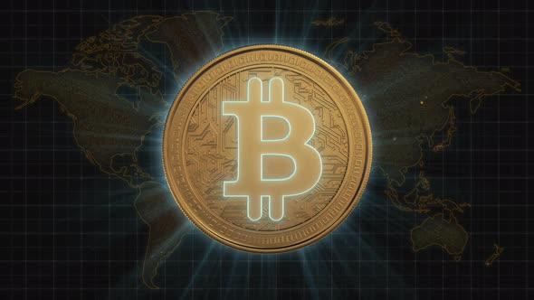 Glowing Bitcoin Rotates Over World Map on Background alt