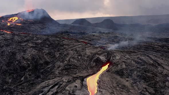 Panoramic View Of The Volcanic Landscape With A Flowing Molten Magma. aerial
