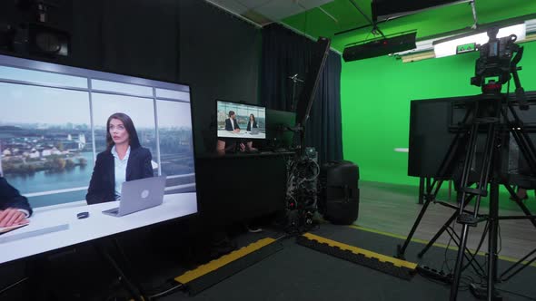 News Anchors at Work Journalist Interview a Businesswoman View of a Backstage Studio TV News