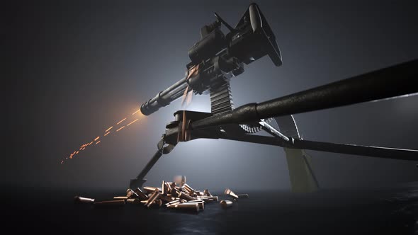 Minigun firing to the invisible target. Deadly firearm rapidly shooting bullets.
