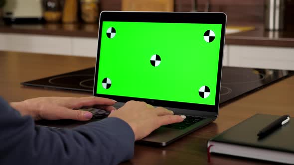 Close Up Green Screen Laptop Woman Distance Works for Laptop Typing on Keyboard