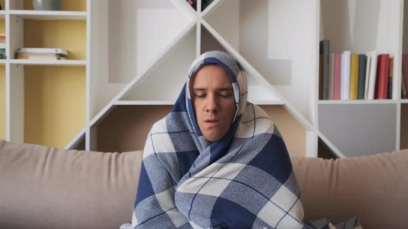 Man Freezing Feeling Cold at Home, Ill Sick Man 