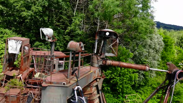 Abandoned bucket wheel excavator drone video