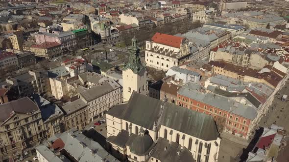 Aerial Basilica Assumption Virgin Mary in Touristic Center Lviv