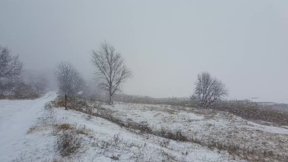 Winter snowstorm covering dry meadow and the frozen lake