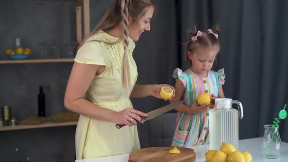 a Woman and a Child are Preparing a Cocktail at Home at the Table Together