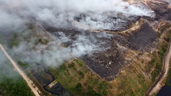 Aerial view landfill site caught fire at Malaysia