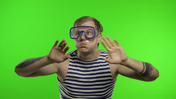 Emotional Man Tourist in Underwater Mask, Striped Sailor Shirt on Chroma Key