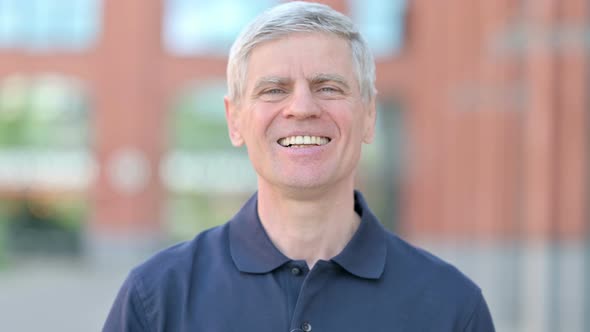 Outdoor Portrait of Cheerful Middle Aged Man Doing Video Chat