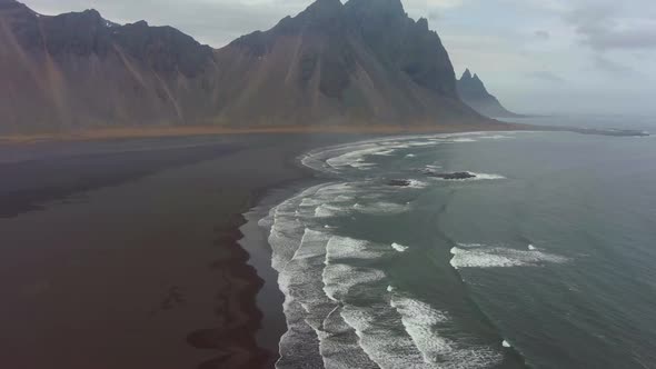 Vestrahorn Mountain and Sea Coast. Iceland. Aerial View