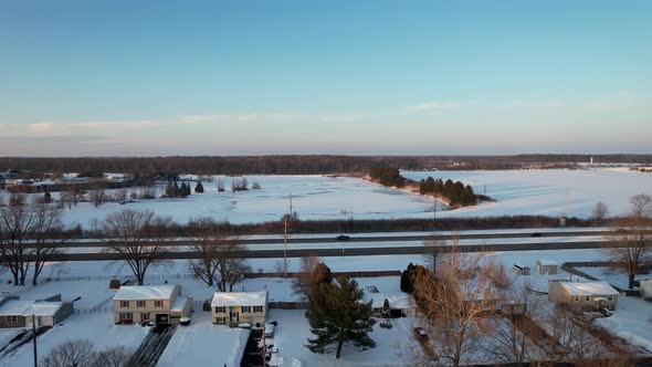 Drone view of a snowy town