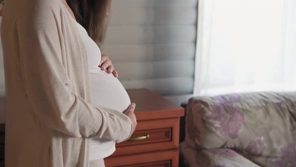 Happy Natural Beauty Pregnant Woman Without Makeup Touching Tummy at Home Near Window