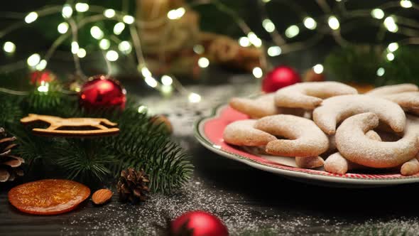 Plate of Traditional German or Austrian Vanillekipferl Vanilla Kipferl Cookies