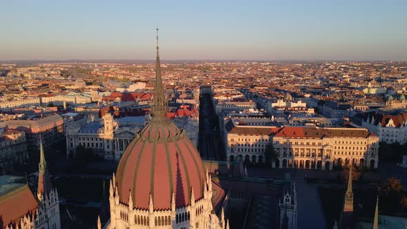 The dome and its spire of the Parliament Building in Budapest