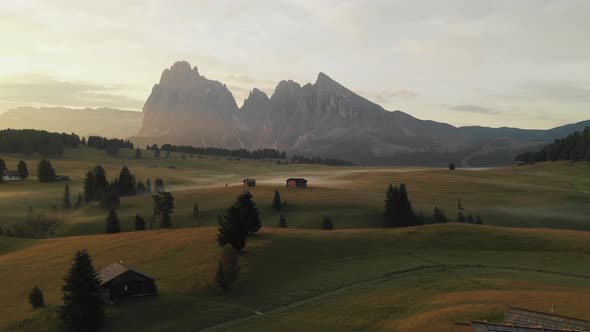 Sunrise drone aerial video in the Dolomites mountains