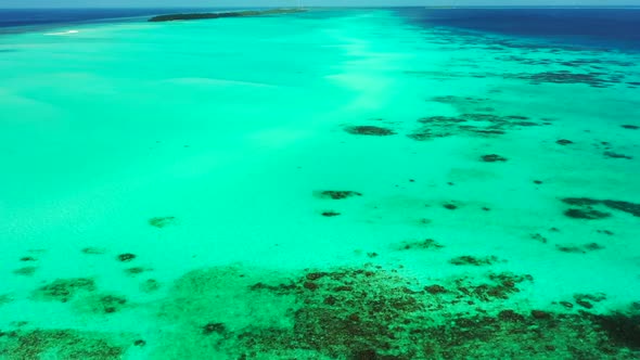 Aerial view nature of idyllic tourist beach wildlife by blue sea with white sand background of a day