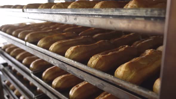 Freshly Baked Eclairs Lie on Baking Sheets After Oven. Manufacture of Desserts and Sweets Baguettes