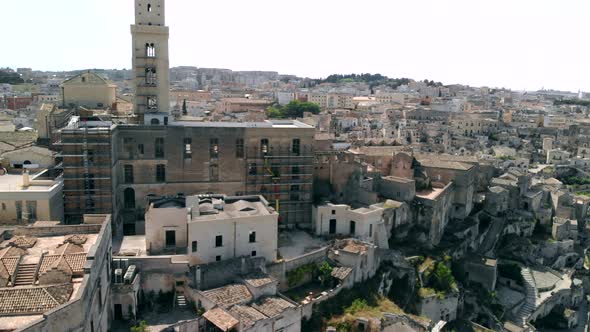 Aerial View of Ancient Town of Matera Sassi Di Matera in Sunny Day, Rise Up