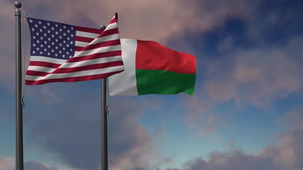 Madagascar Flag Waving Along With The National Flag Of The USA - 4K