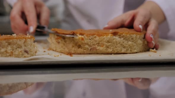 Closeup of a Pastry Chef Cutting Sponge Dough with a Knife in a Kitchen