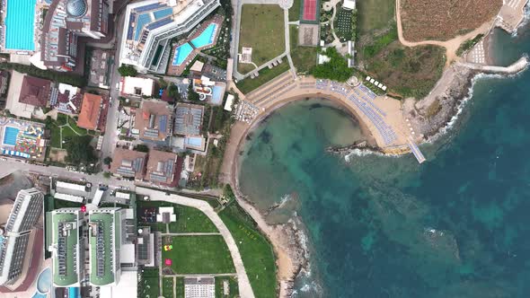 Beach Infrastructure of hotels aerıal vıew Turkey Alanya 4K