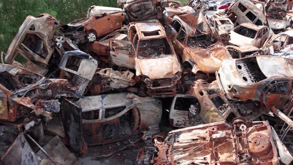 Irpin Bucha District Ukraine a Dump of Shot and Burned Cars