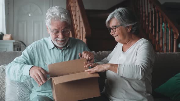 Happy mature aged older family couple unpacking carton box, satisfied with internet store