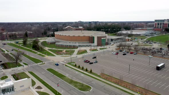 Breslin Center basketball arena at Michigan State University in East Lansing, Michigan drone video p