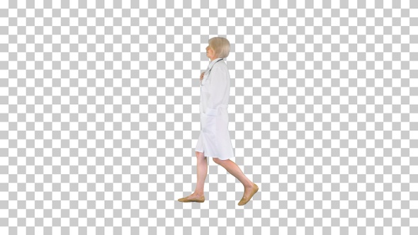 Mature doctor woman walking by, Alpha Channel