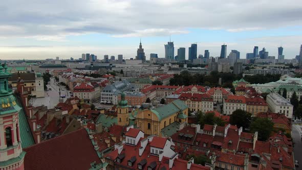 Flying over Warsaw Old Town, capital of Poland, Europe