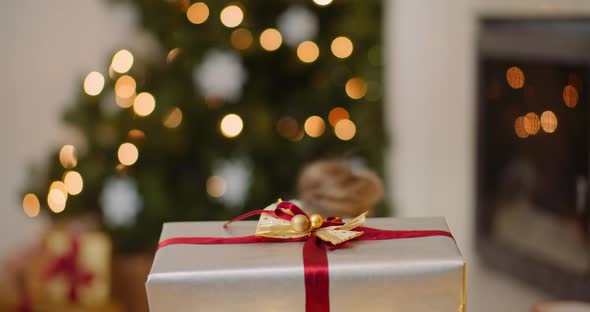 Playful Woman Opening Christmas Presents At Home