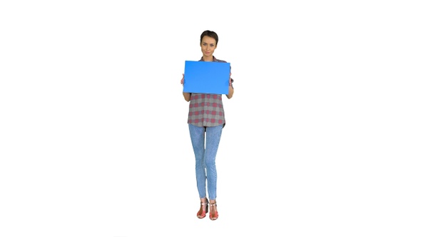 Casual Woman with Short Hair with Blue Blank Board Mock