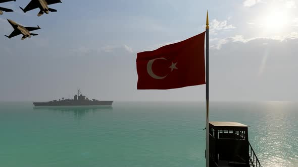 Waving Turkish Flag Warship and Passing Warplanes