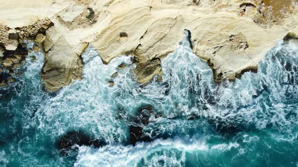 Pure Blue Ocean Water Waves Crash Mountain Beautiful Aerial Top View Landscape Cyprus