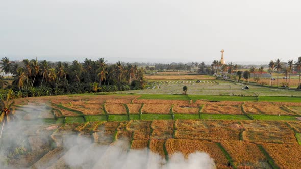 Great Scenery of Rice Fields, Green Forests and Mountains Far Away in the Fog, Amazing Aerial alt